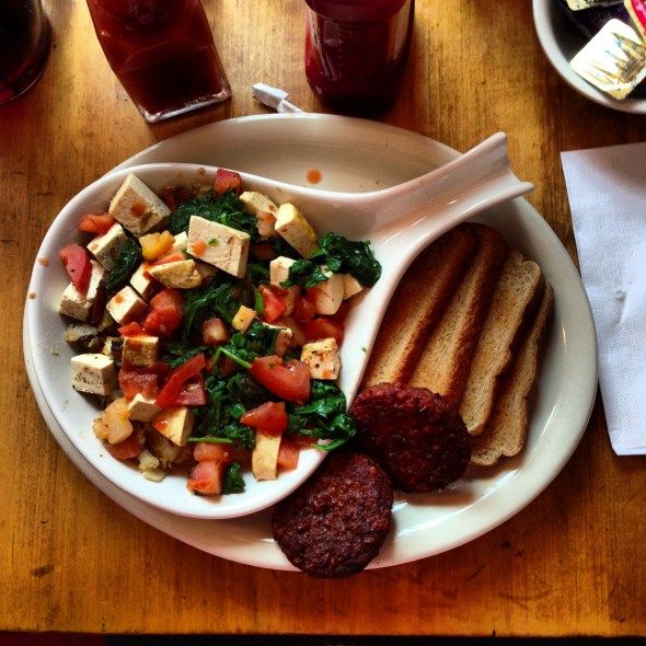 tofu scramble with vegan sausage and whole wheat toast!